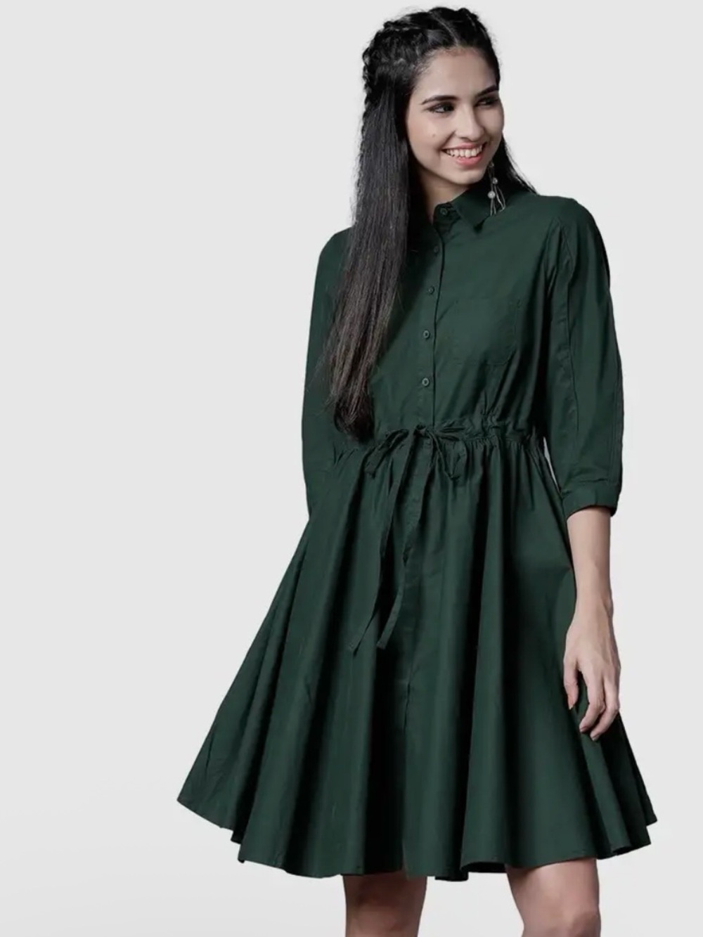 Tokyo Talkies Green A-Line Midi Dress – High Waist Size M